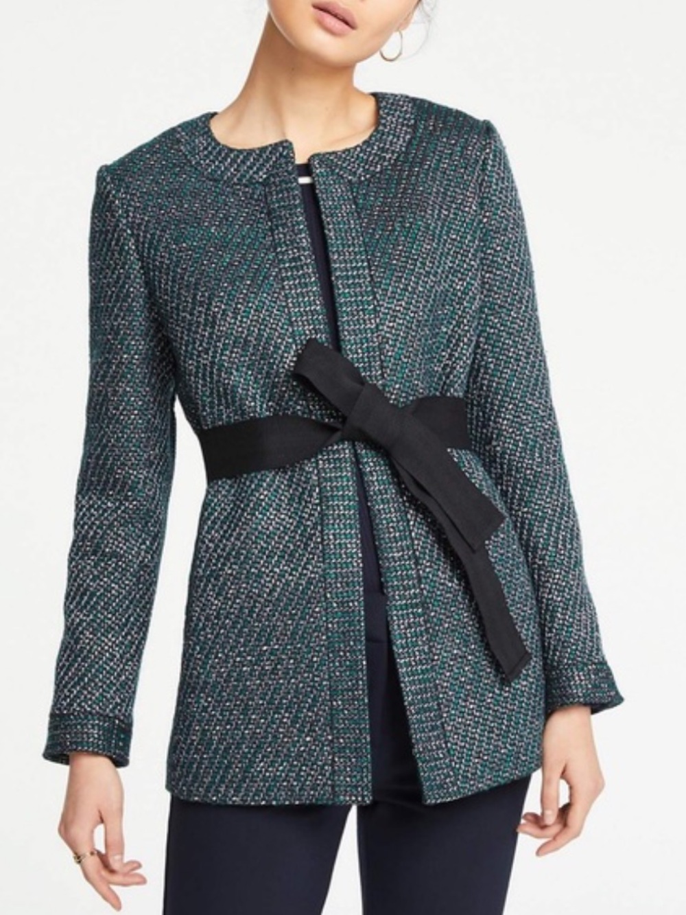Ann Taylor Teal & Black Tweed Belted Jacket - Women’s Blazer M